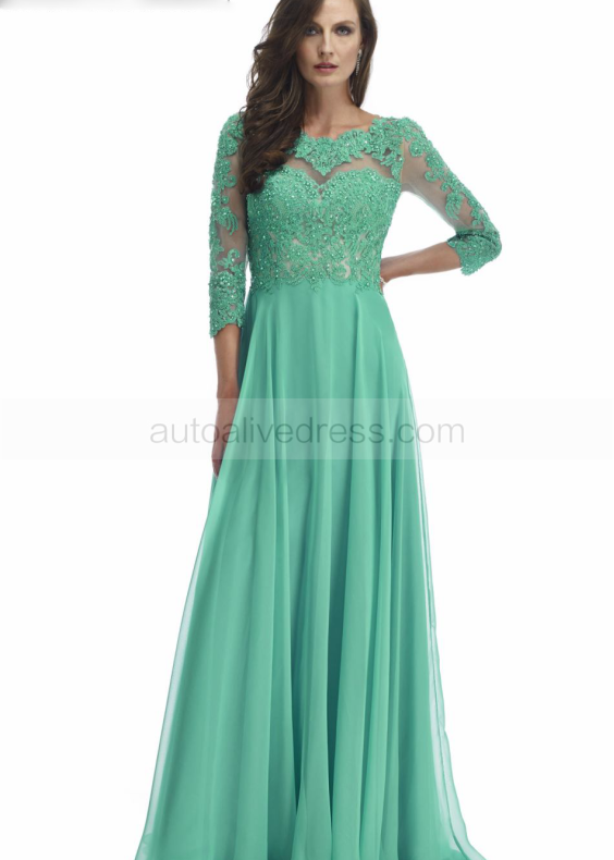 Elbow Sleeves Beaded Lace Long Chiffon Prom Dress 